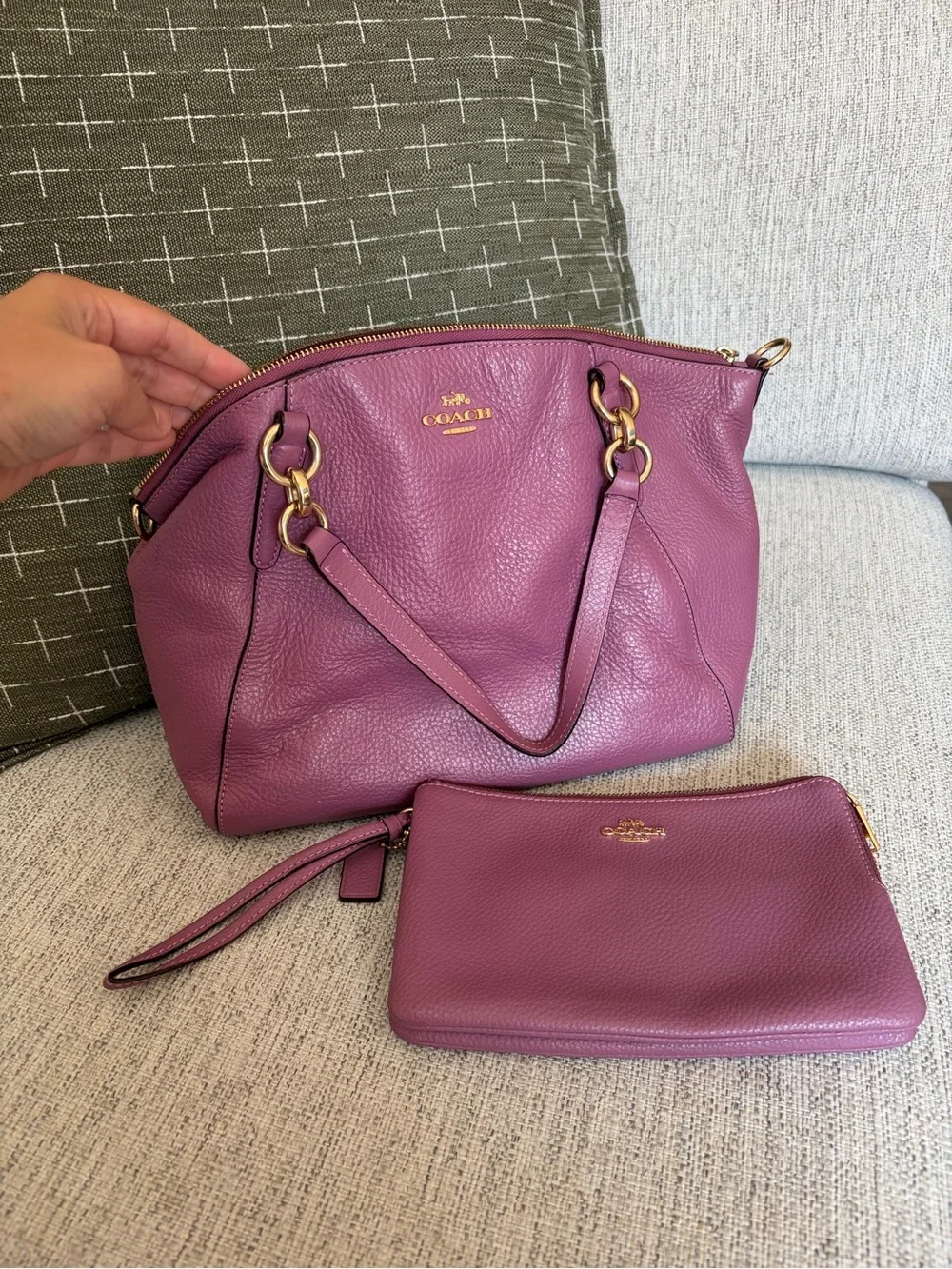Coach Purple Pebbled Leather Shoulder Bag with Wristlet